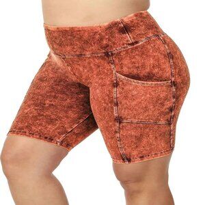 WOMENS PREMIUM PLUS 2X-3X MINERAL WASH WIDE WAISTBAND SHORTS W/POCKETS BRICK